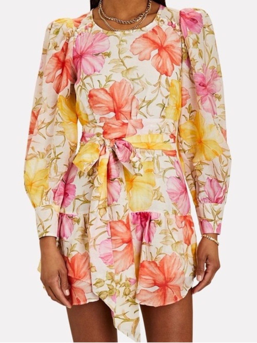 LoveShackFancy Floral Tie-Waist Puff Sleeve Mini Dress — Pink, Yellow & Cream